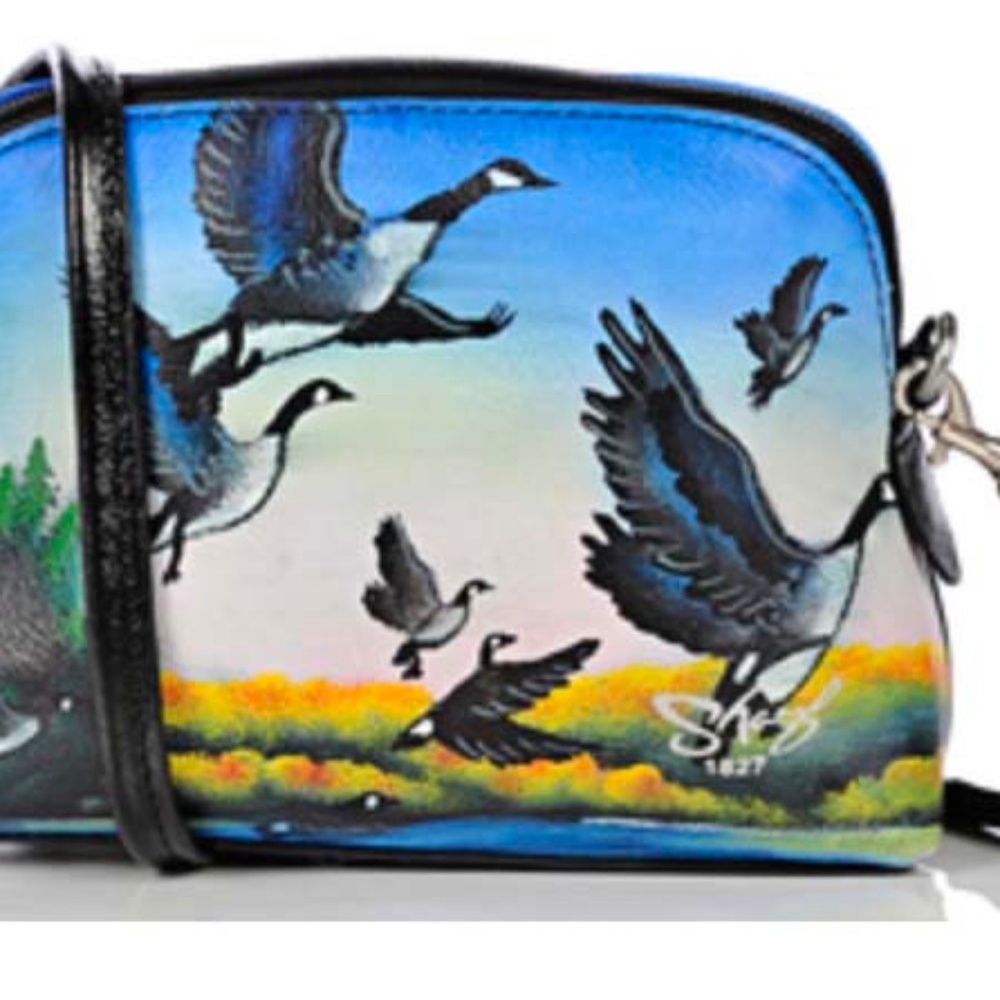 CROSSBODY MINI BAG, LEATHER, HAND-PAINTED GEESE, TOP ZIP CLOSURE, REMOVABLE/ADJU